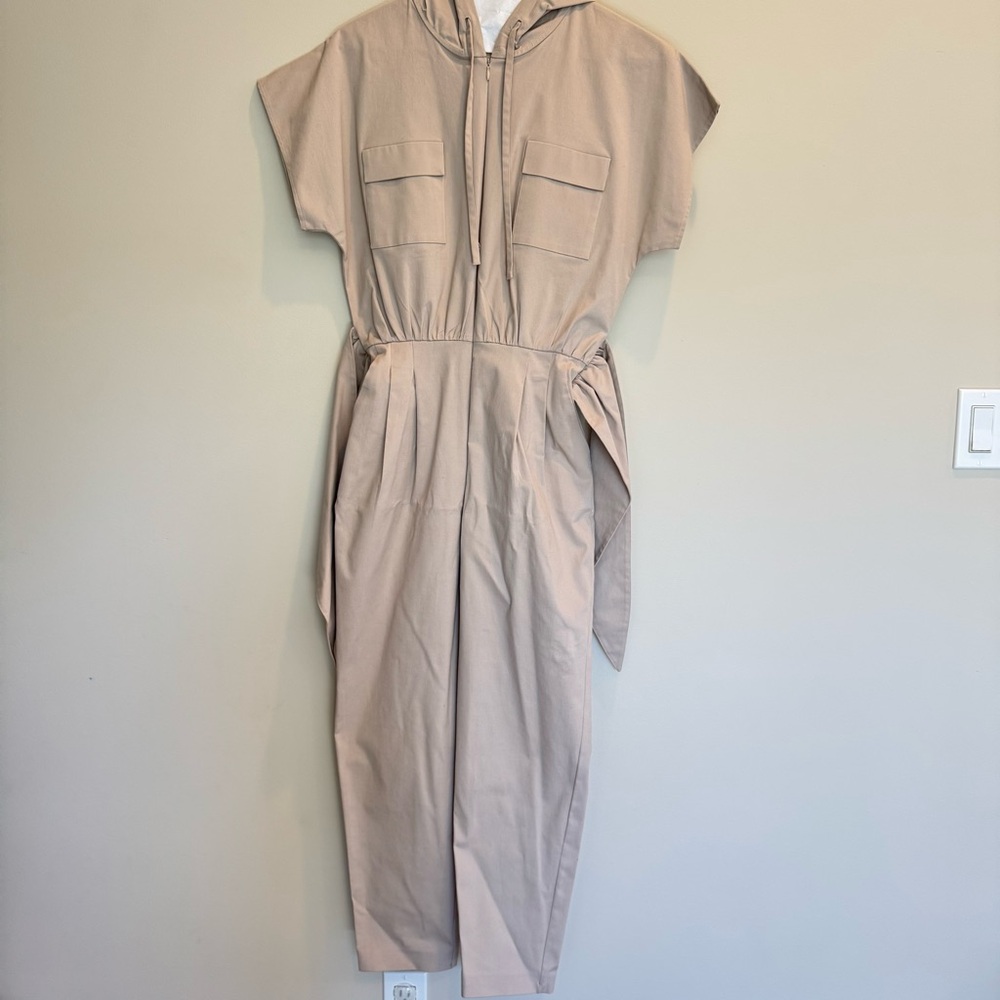 Selmacilek Women’s Beige Hooded Tie Detailed Canvas Jumpsuit, Size S